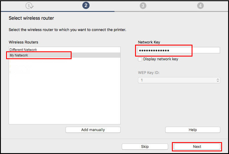 Select wireless router screen: Select your network, enter the network key in the Network Key field (outlined in red), then click Next (outlined in red)